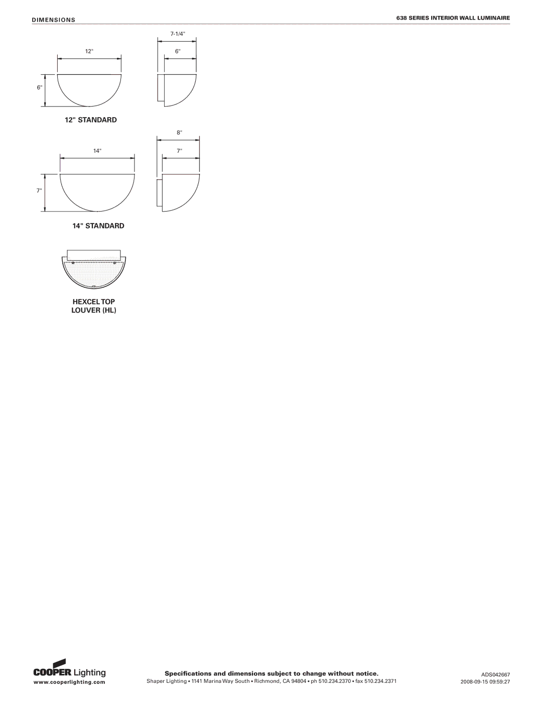 Cooper Lighting 638 specifications Standard Hexcel TOP Louver HL, Dimensions 