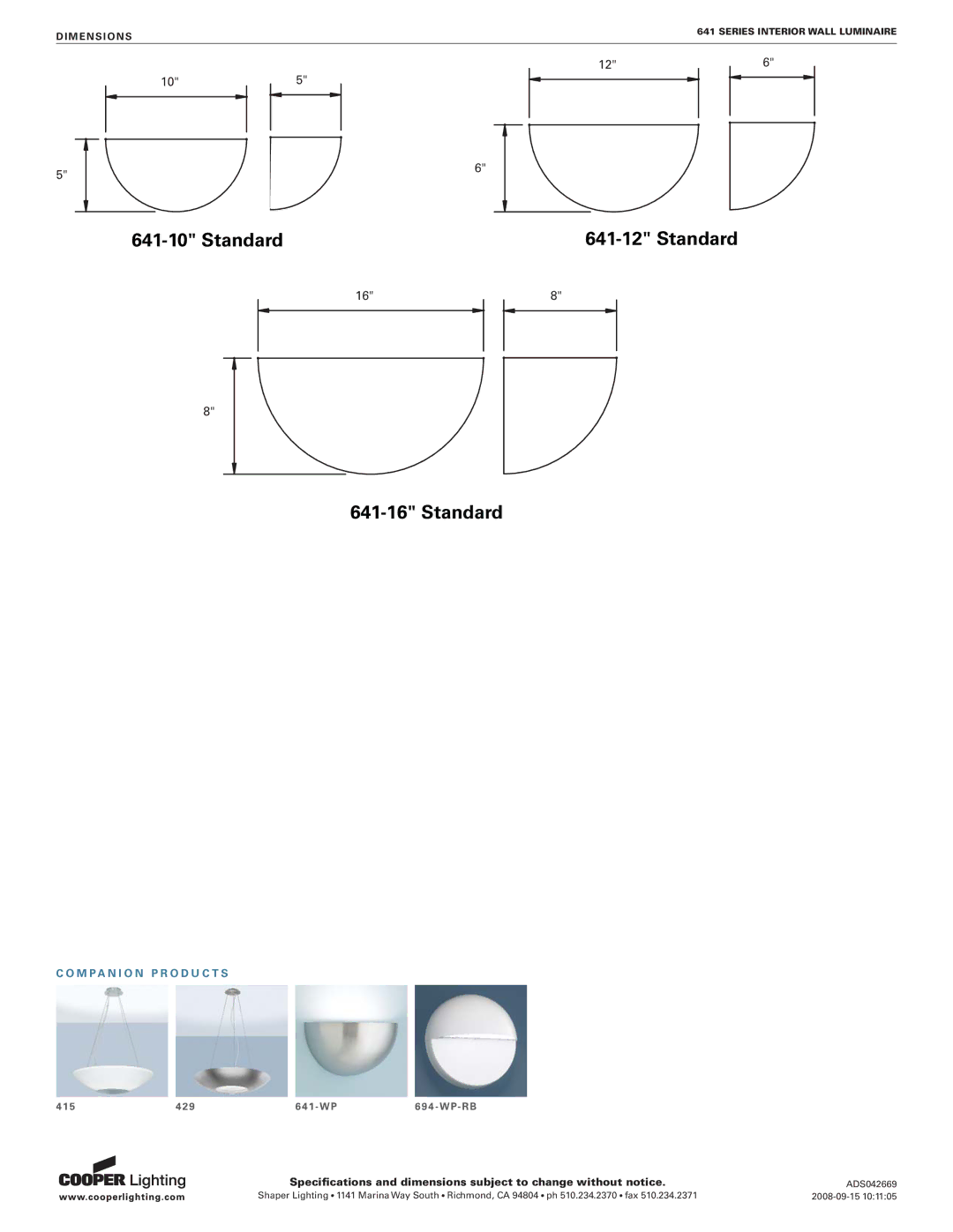 Cooper Lighting 641 Series specifications Standard 