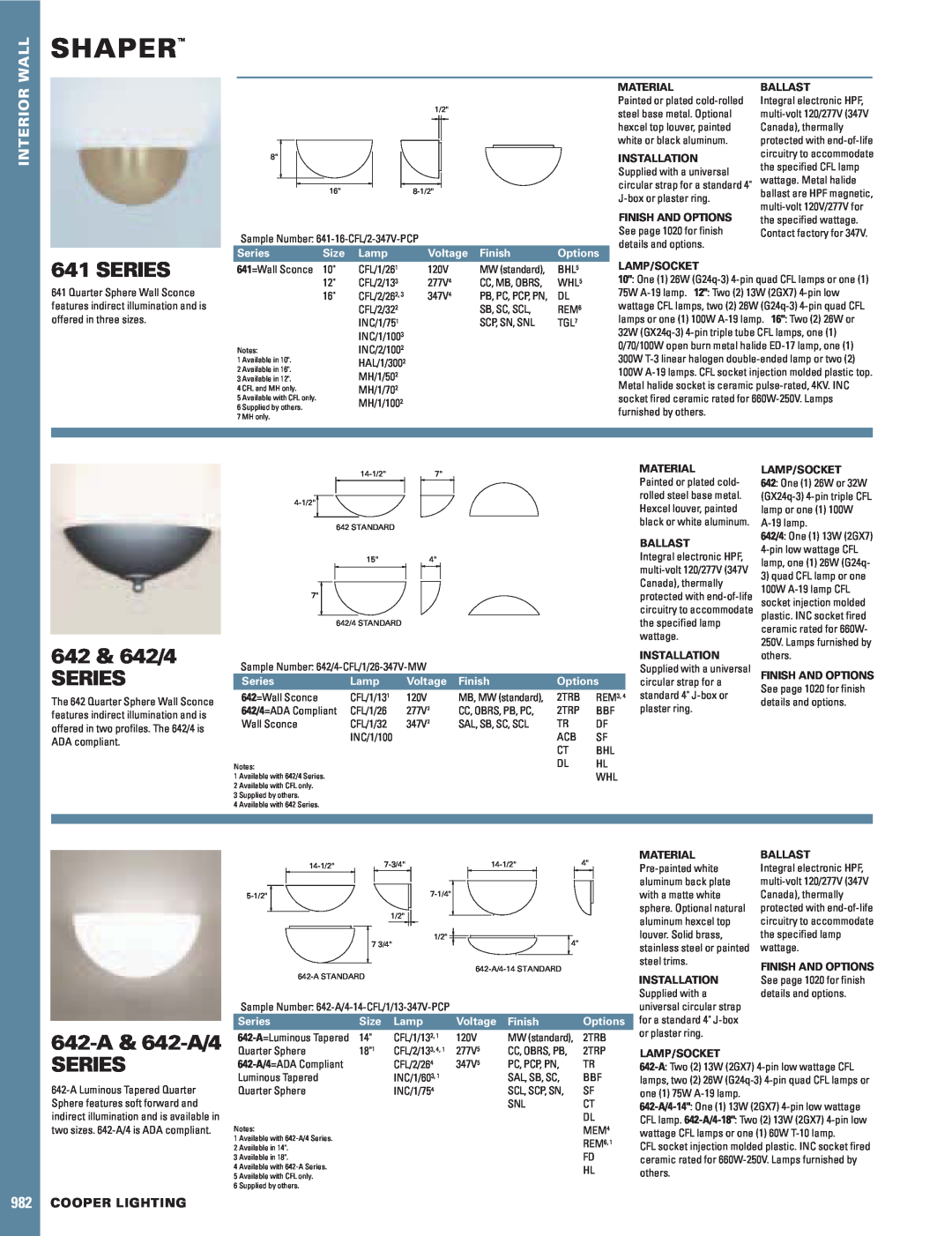 Cooper Lighting manual Shaper, Series, 642 & 642/4 SERIES, 642-A& 642-A/4, Wall, Interior, 982COOPER LIGHTING, Options 