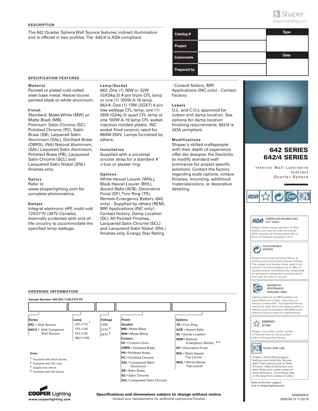Cooper Lighting 642/4 specifications Series, Lamp, Voltage, Finish, Options 