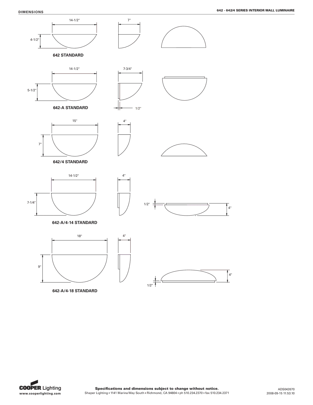 Cooper Lighting 642/4 specifications Standard 