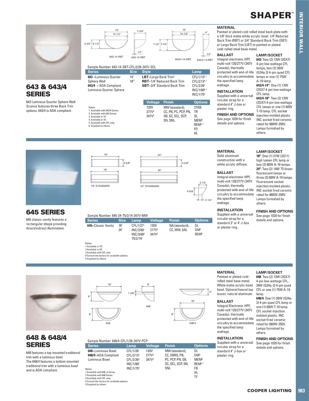 Cooper Lighting 645, 643/4, 648/4 manual Material, Ballast, Installation, Lamp/Socket 