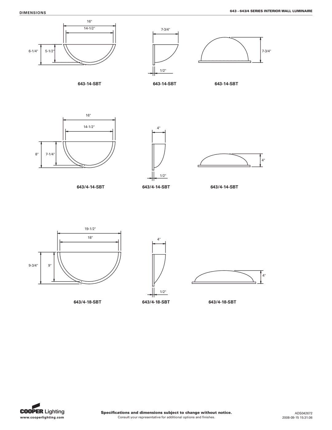 Cooper Lighting 643 SERIES, 643/4 SERIES specifications 643-14-SBT 