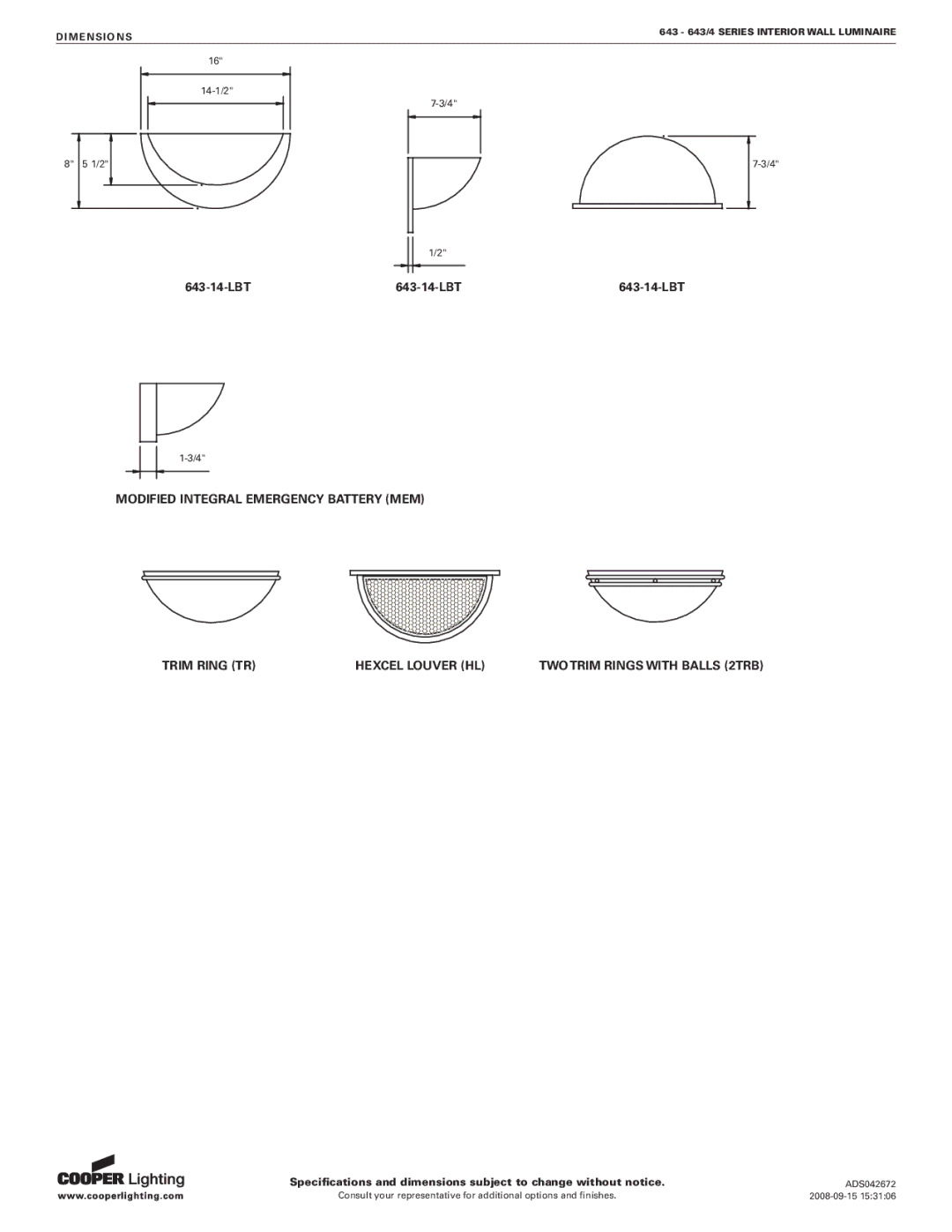 Cooper Lighting 643/4 SERIES, 643 SERIES specifications LBT 643-14-LBT643-14-LBT 