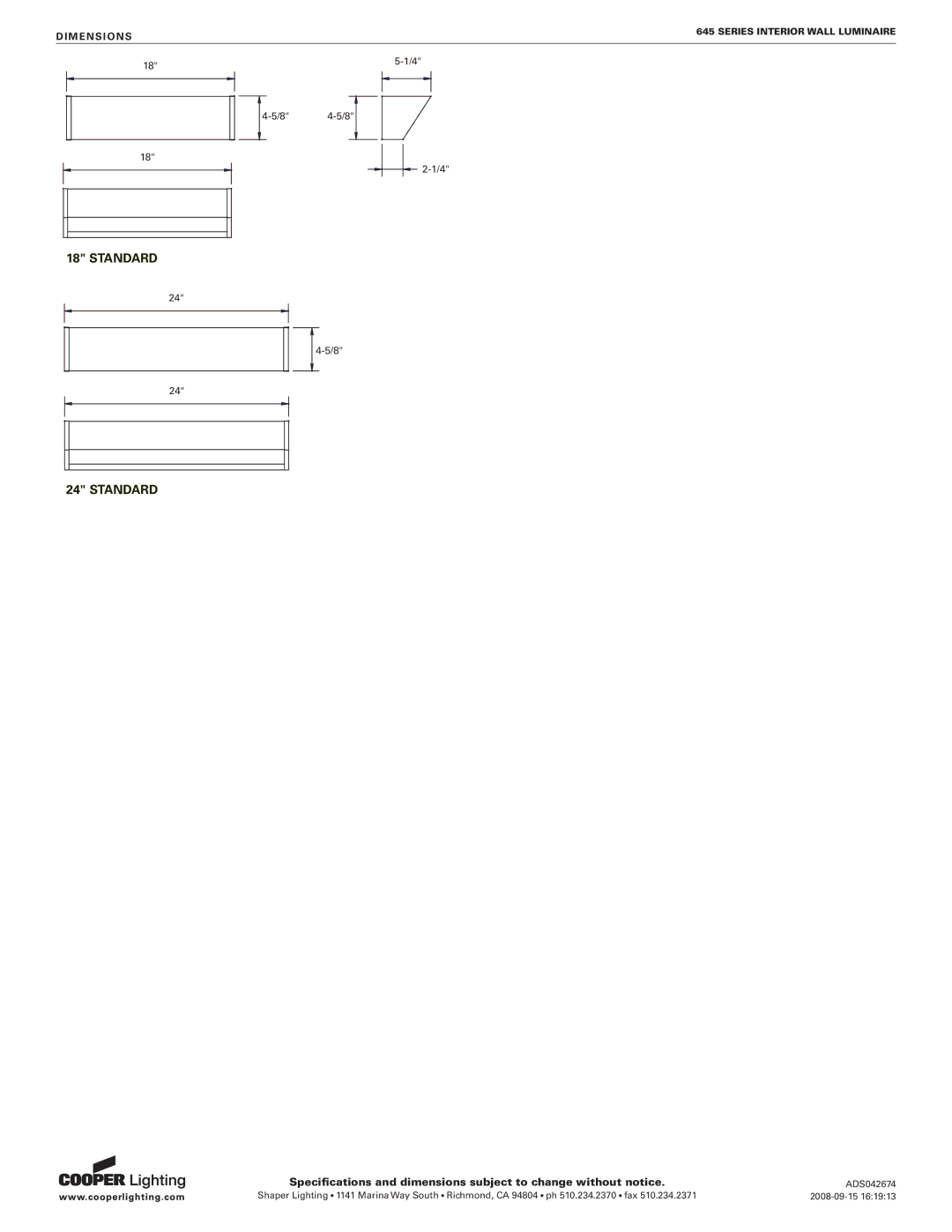 Cooper Lighting 645 Series specifications Standard 