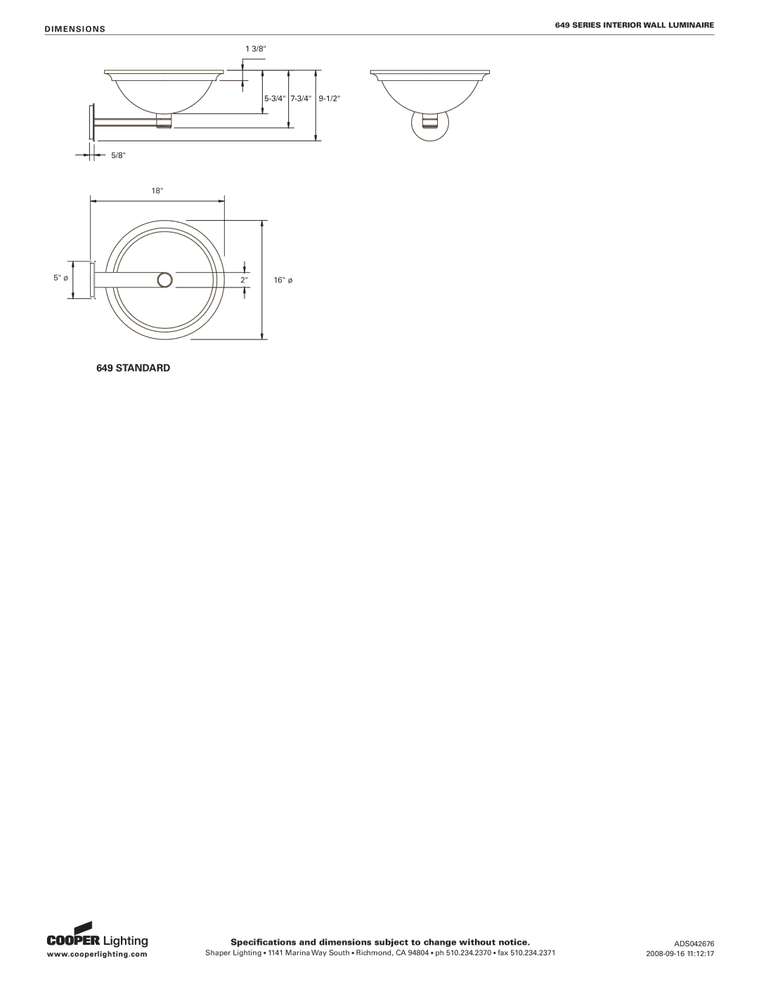 Cooper Lighting 649 specifications Standard 