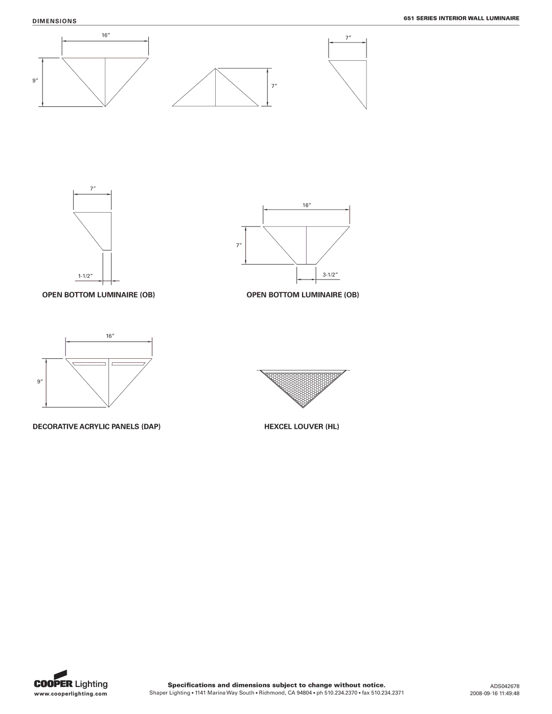 Cooper Lighting 651 Series specifications Dimensions 