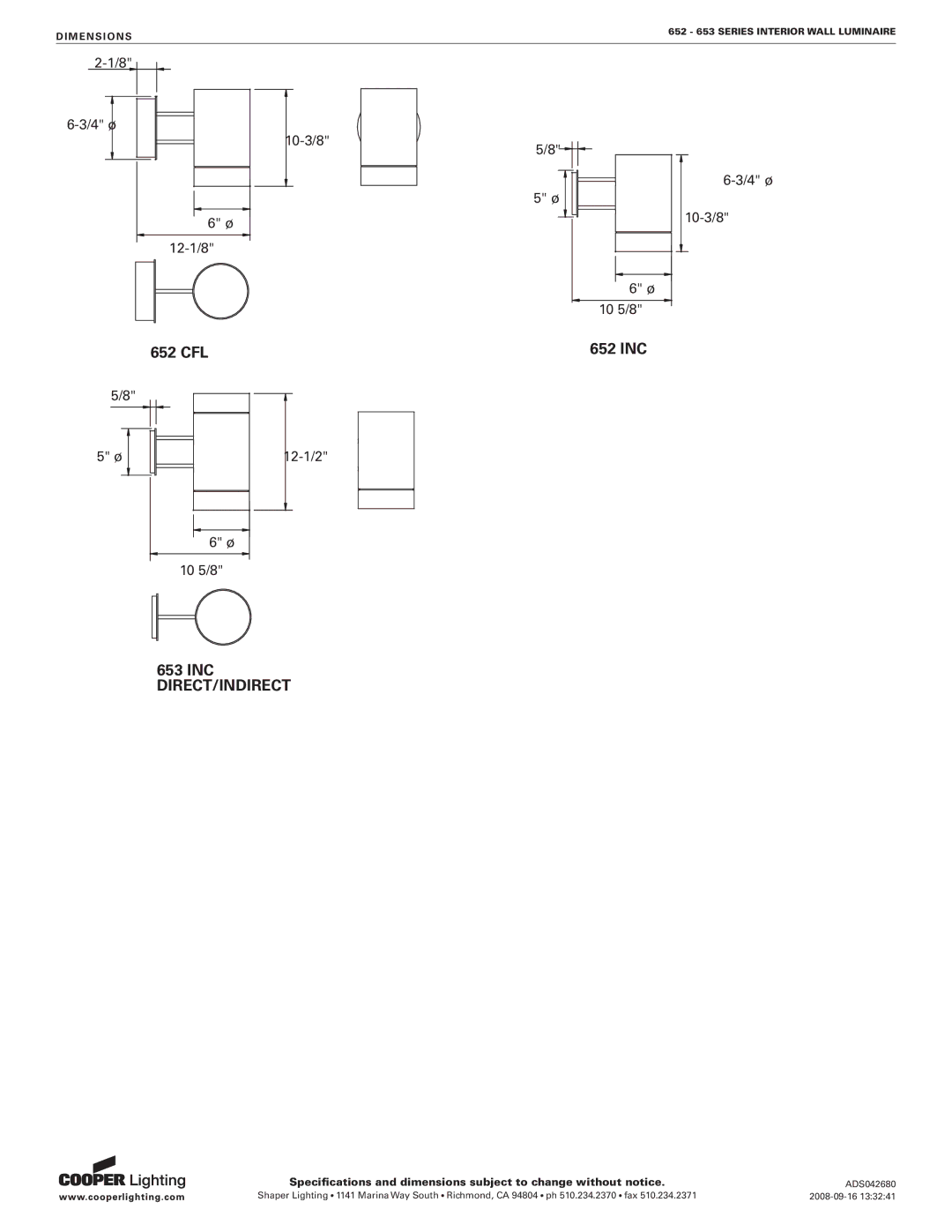 Cooper Lighting 653 specifications Inc Direct/Indirect 