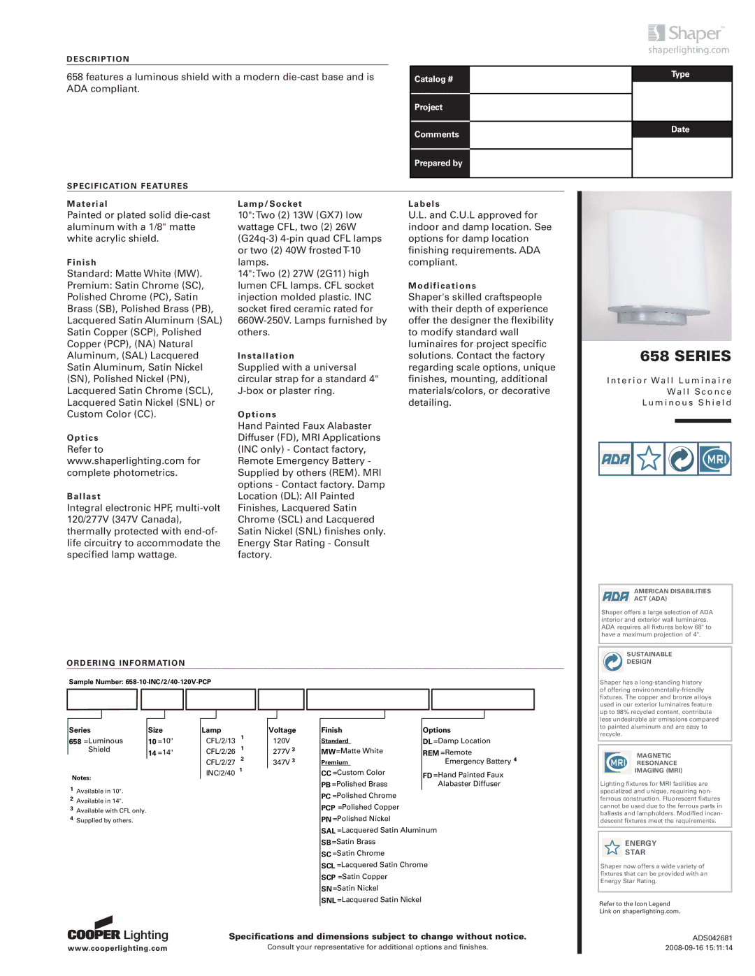 Cooper Lighting 658 specifications Series, Shaperlighting.com, Description, Specification Features, Ordering Information 