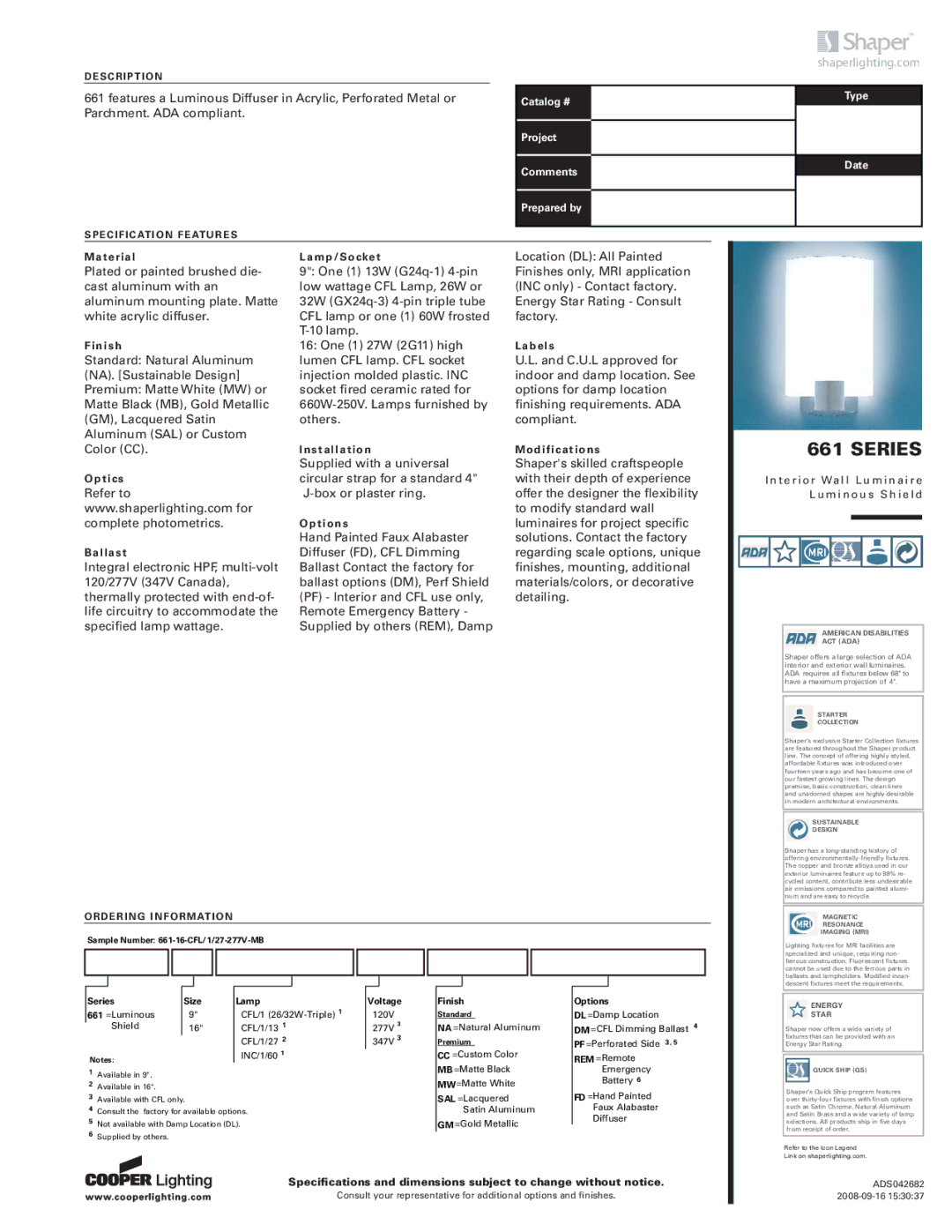 Cooper Lighting 661 specifications Series Size Lamp, Voltage, Finish, Options 