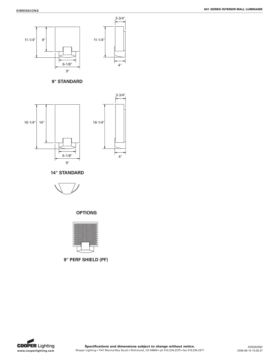 Cooper Lighting 661 specifications Standard 
