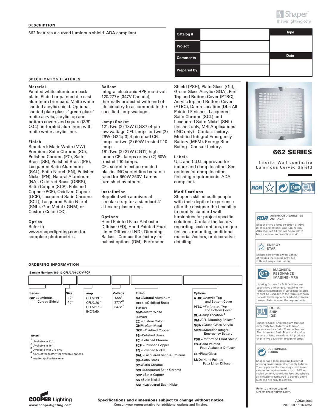 Cooper Lighting 662 specifications Energy Star, Magnetic Resonance Imaging MRI, Quick Ship QS 