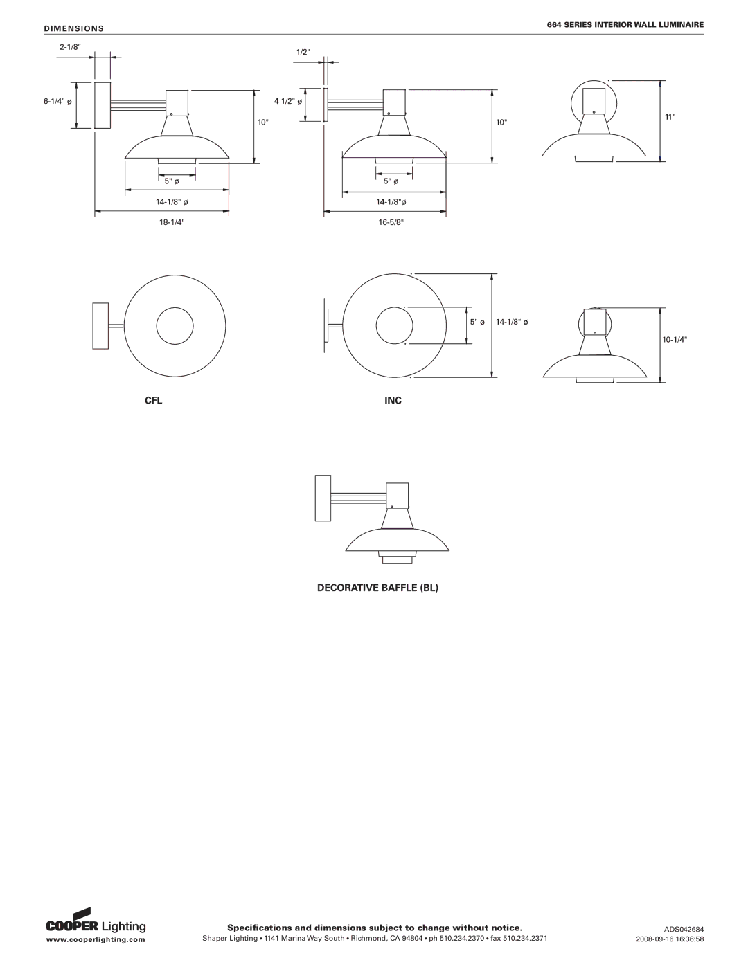 Cooper Lighting 664 Series specifications Dimensions 