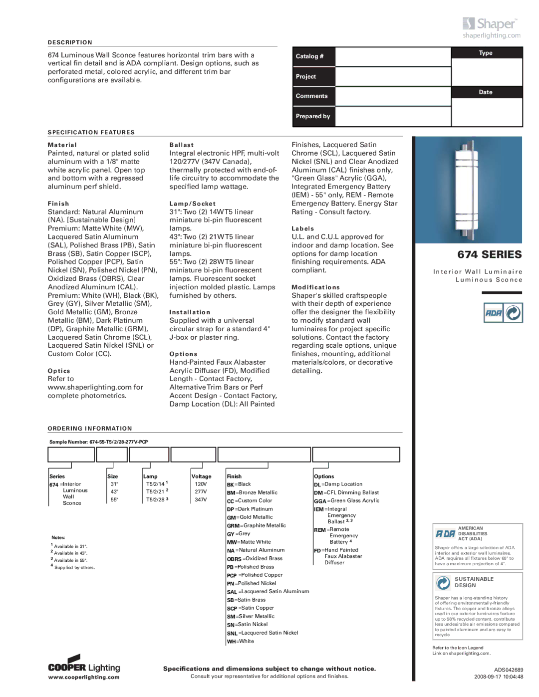 Cooper Lighting 674 Series specifications Shaperlighting.com, Sustainable Design 