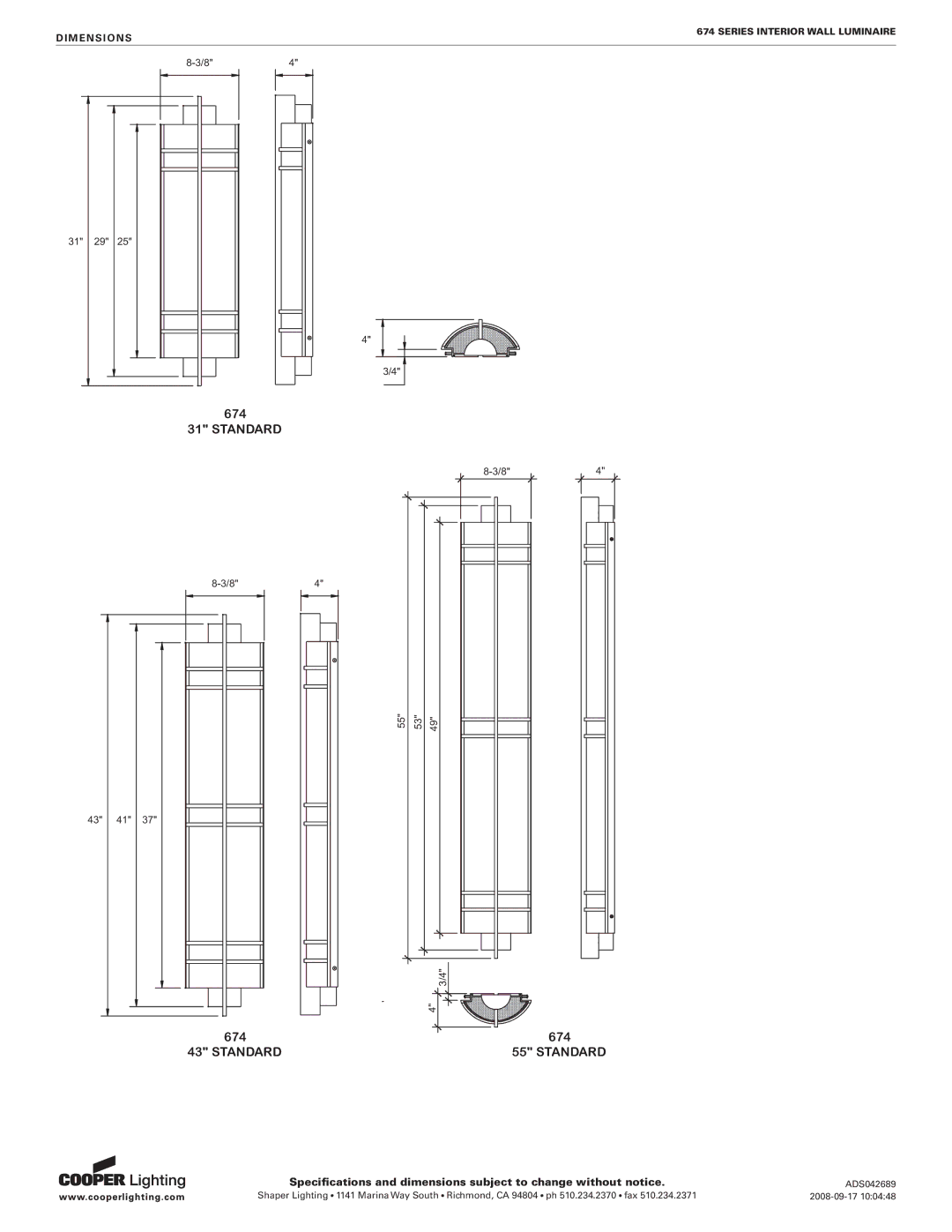 Cooper Lighting 674 Series specifications Standard 