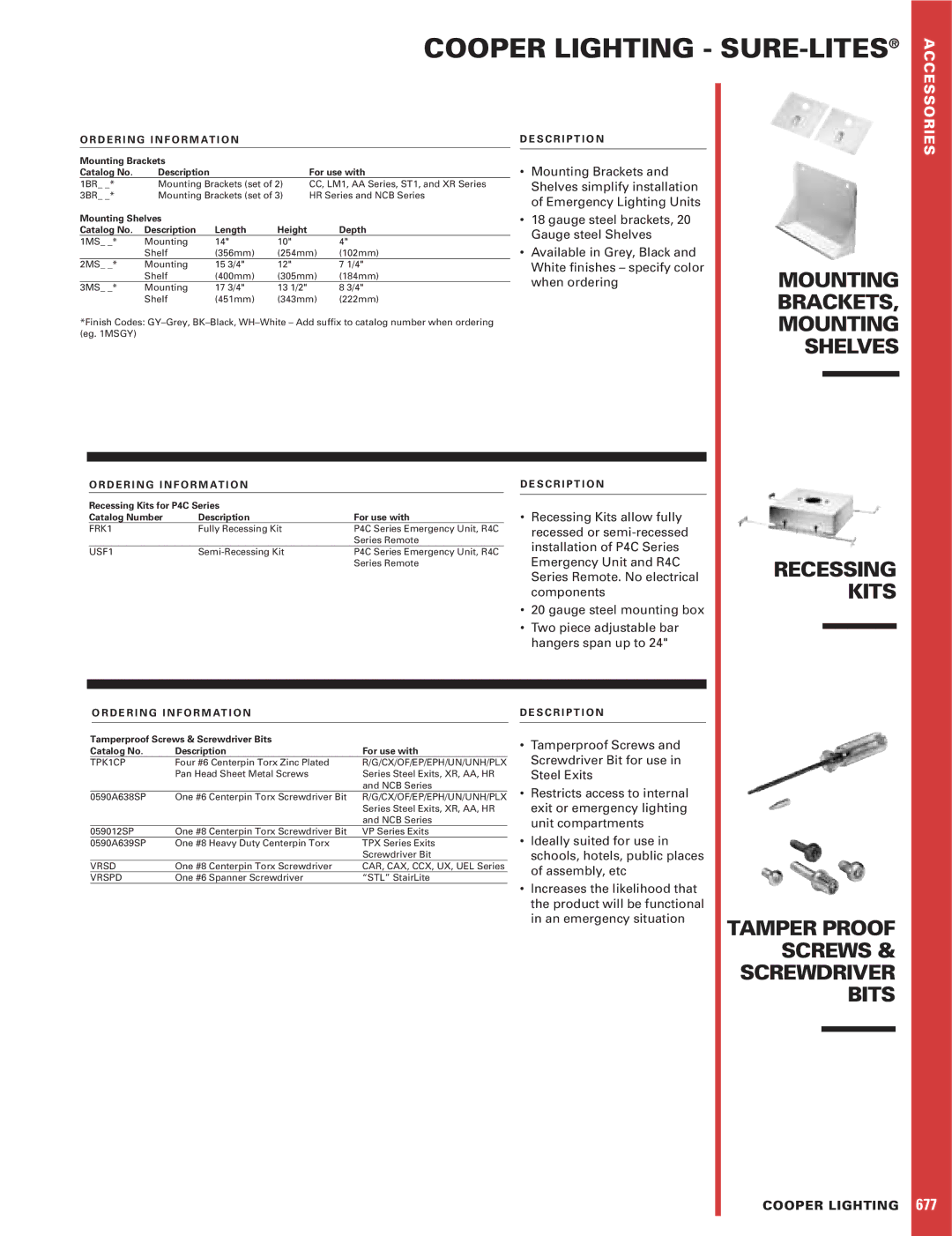 Cooper Lighting 677 manual Cooper Lighting SURE-LITES, Mounting BRACKETS, Mounting Shelves, Recessing Kits, Accessories 