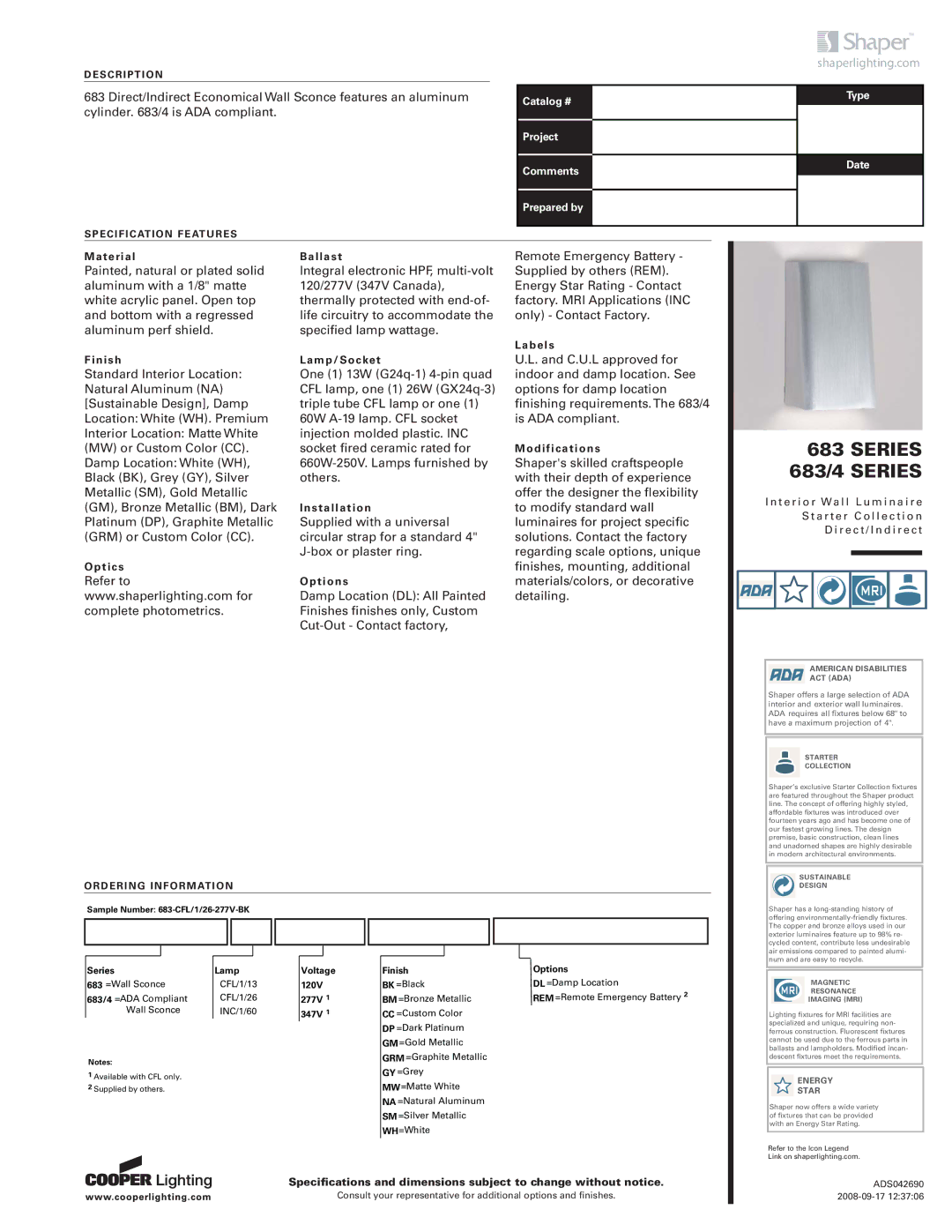 Cooper Lighting 683 & specifications American Disabilities ACT ADA, Energy Star, Starter Collection, Sustainable Design 