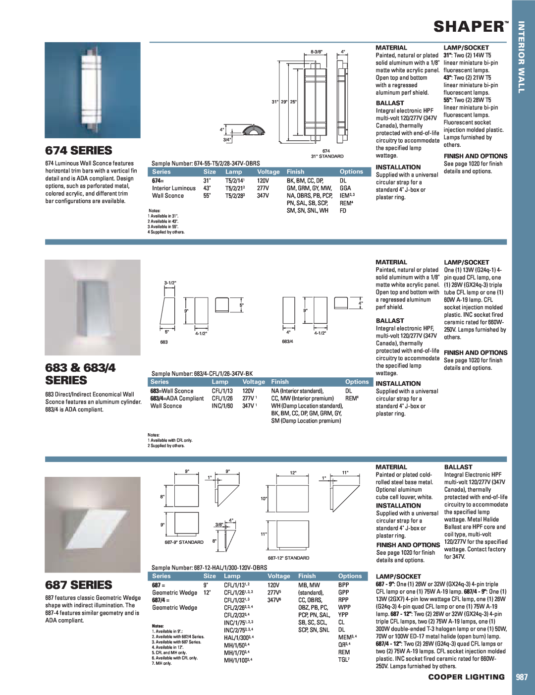 Cooper Lighting manual Shaper, Series, 683 & 683/4 SERIES, Wall, Cooper Lighting, Size, Lamp, Voltage, Finish, Options 