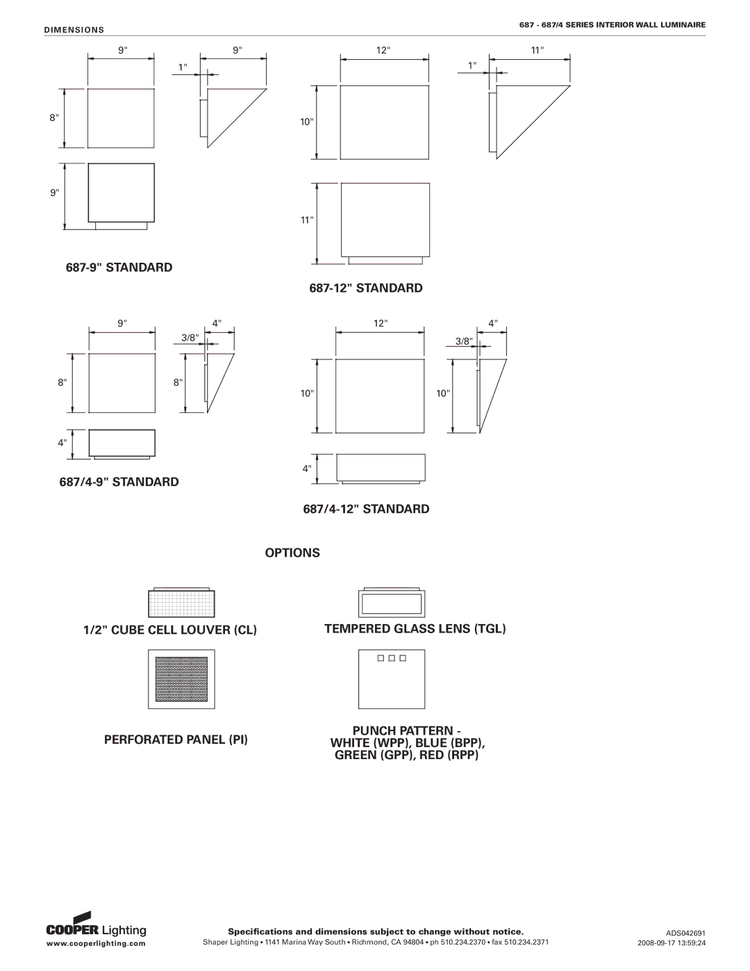Cooper Lighting 687/4 specifications Standard 
