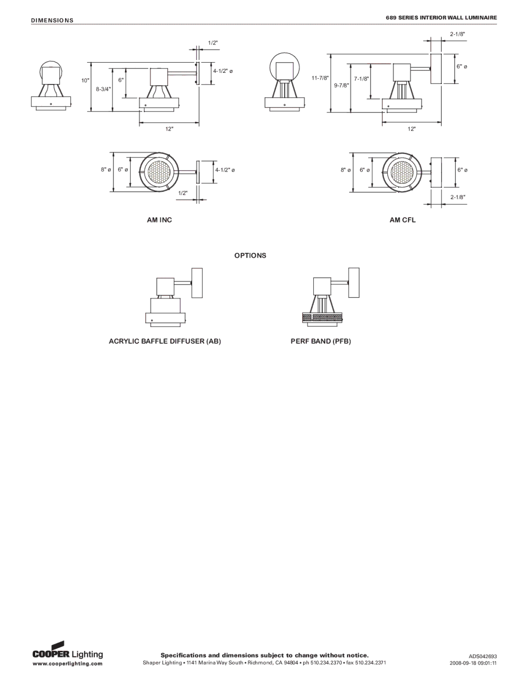 Cooper Lighting 689 specifications Am Inc 