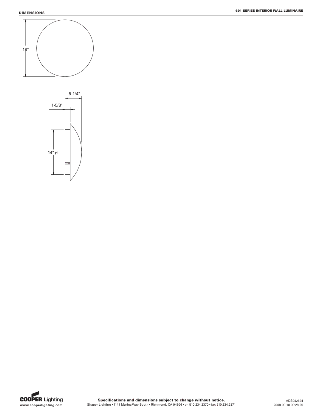 Cooper Lighting 691 specifications 14 ø, Dimensions 