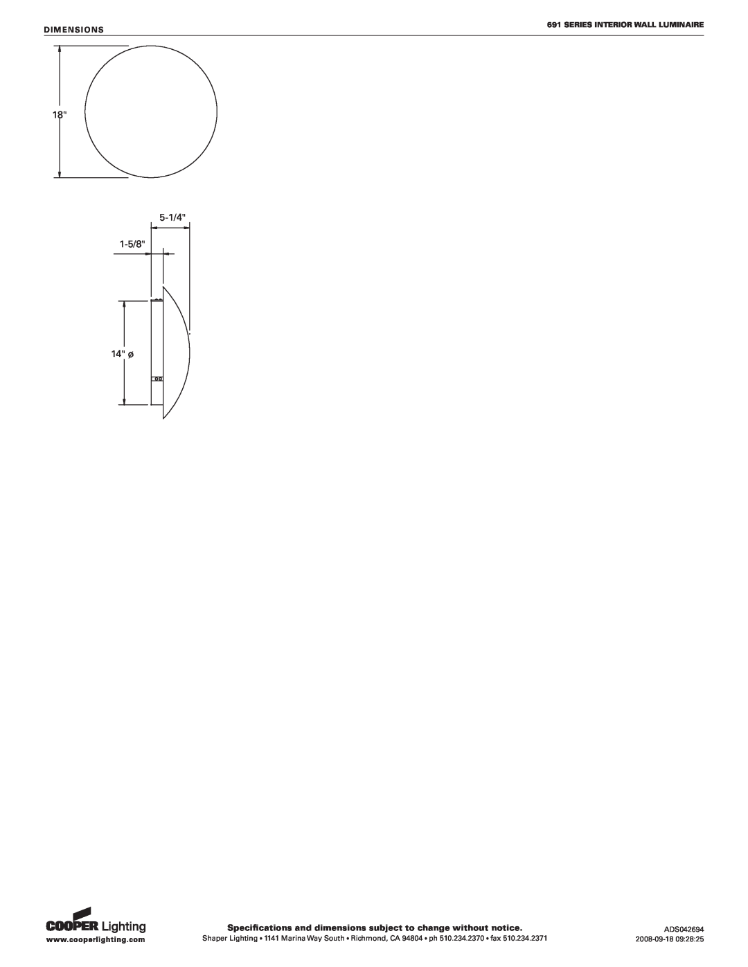 Cooper Lighting 691 specifications 5-1/4 1-5/8 14 ø, Dimensions, Series Interior Wall Luminaire 