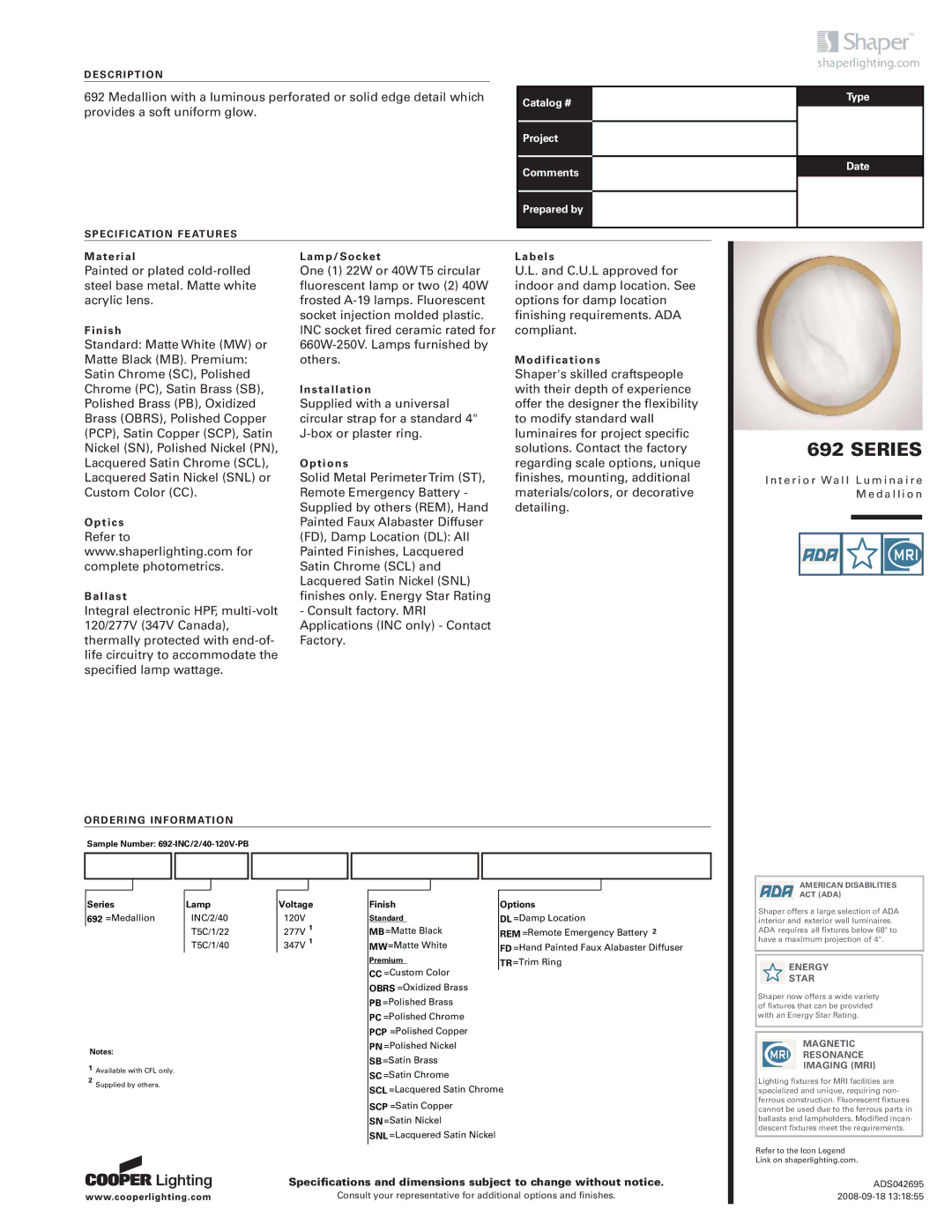 Cooper Lighting 692 specifications Series, Shaperlighting.com, Description, Specification Features, Ordering Information 