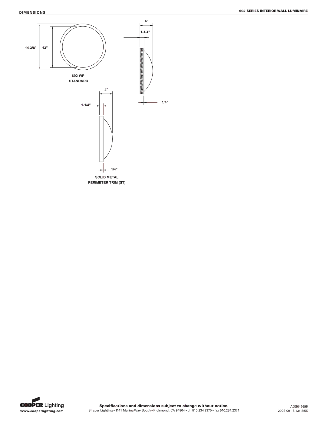 Cooper Lighting 692 specifications Dimensions, Standard Solid Metal Perimeter Trim ST 