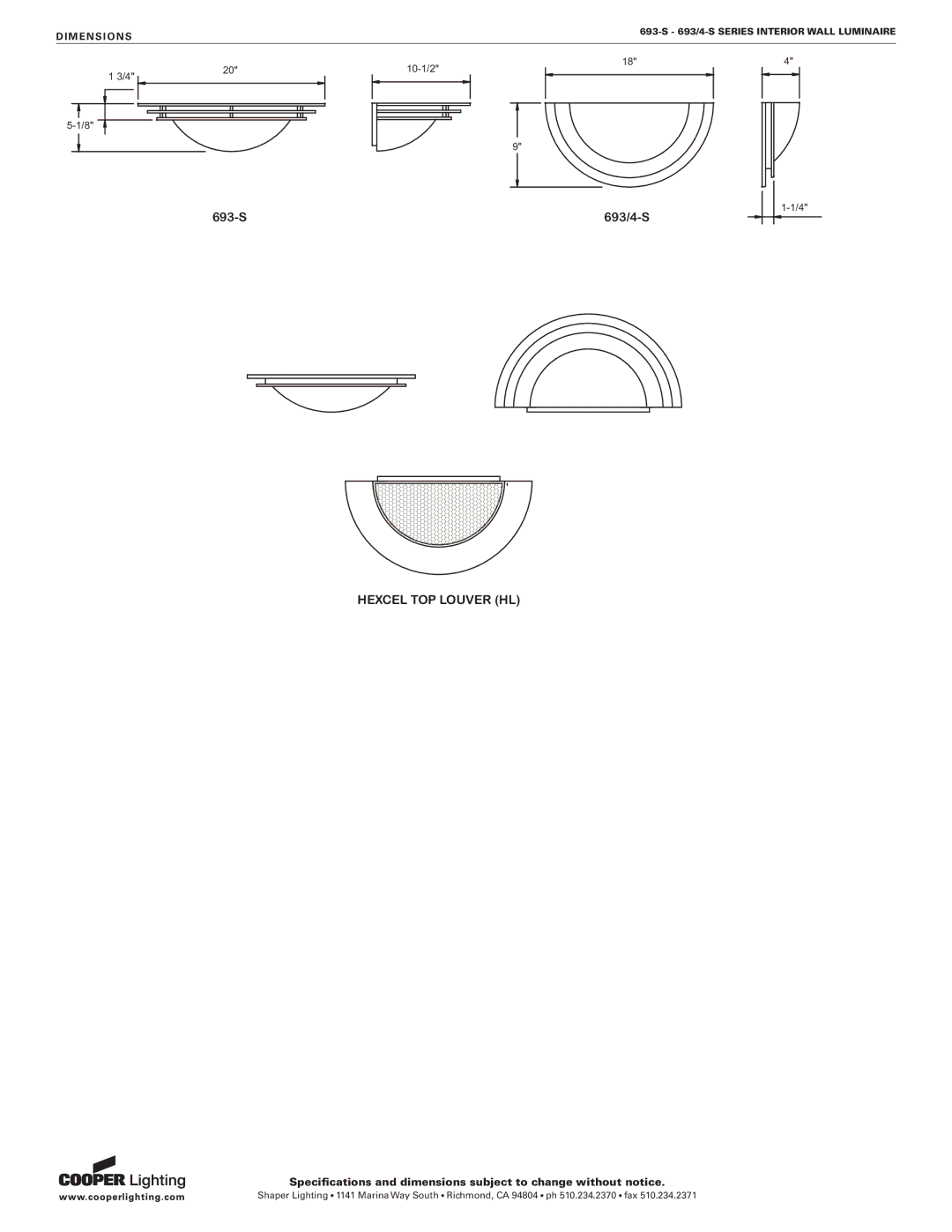 Cooper Lighting 693-S, 693/4-S specifications Hexcel TOP Louver HL 