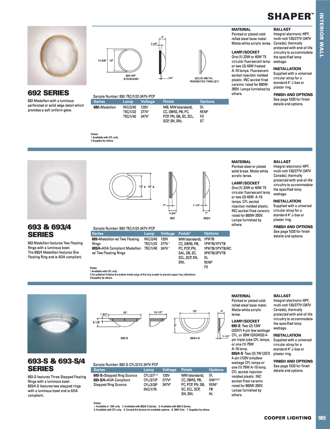 Cooper Lighting manual Shaper, Series, 693 & 693/4 SERIES, 693-S& 693-S/4 SERIES, Wall, Cooper Lighting, Lamp, Voltage 