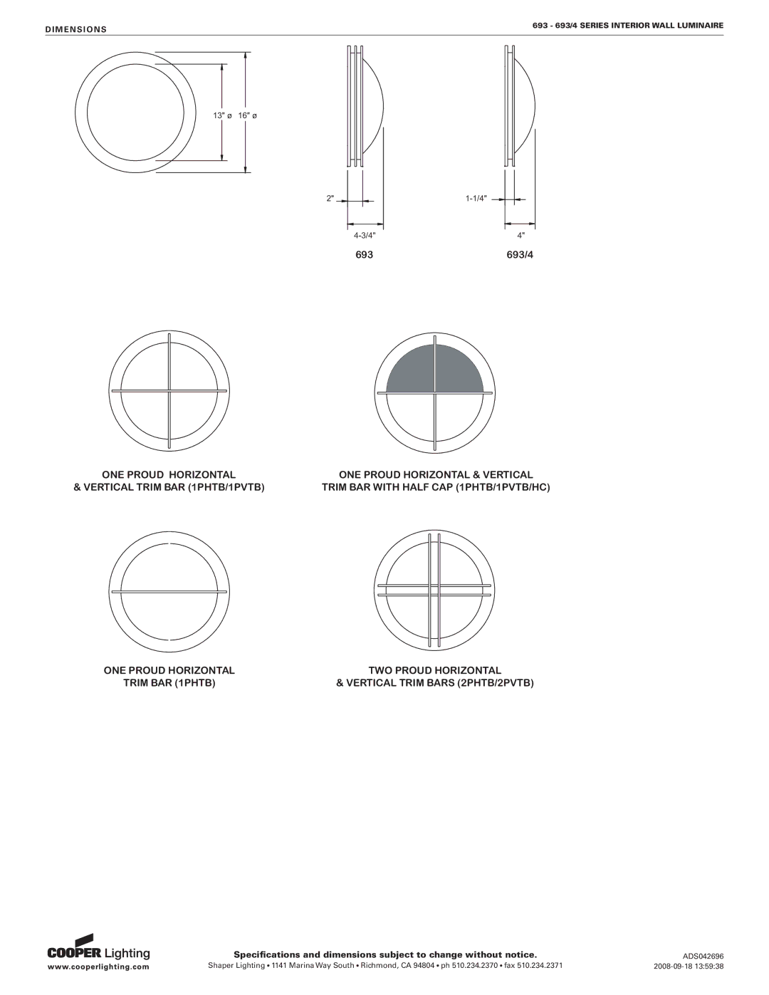 Cooper Lighting 693 Series, 693/4 Series specifications 693 693/4 