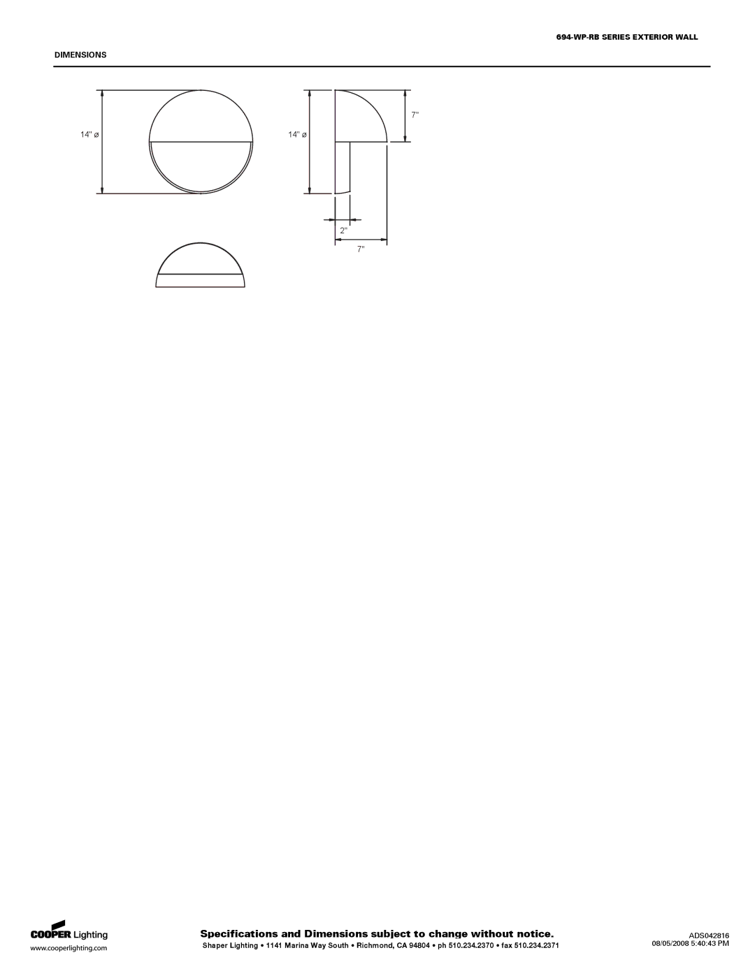 Cooper Lighting 694-WP-RB specifications Dimensions 