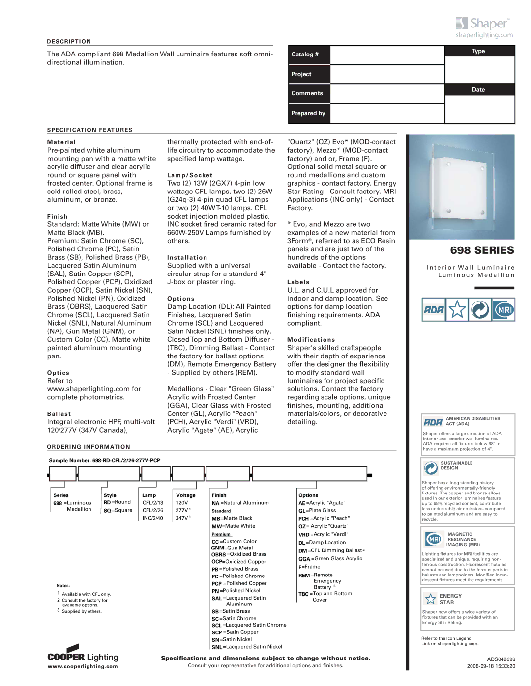 Cooper Lighting 698 Series specifications Shaperlighting.com, Energy Star 