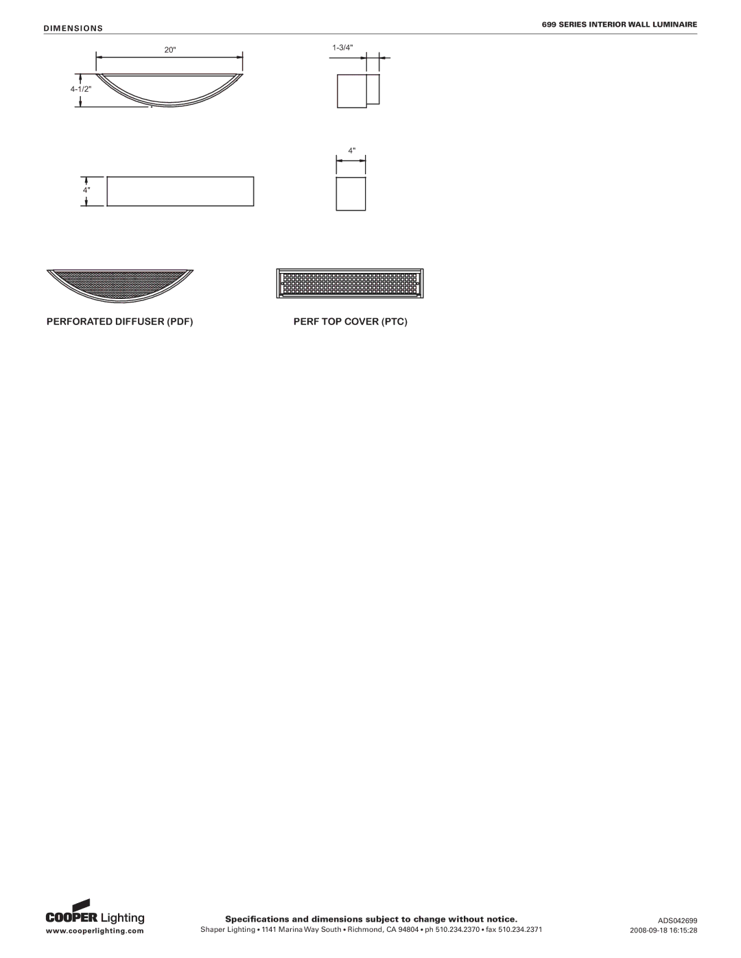 Cooper Lighting 699 specifications Perf TOP Cover PTC, Dimensions 