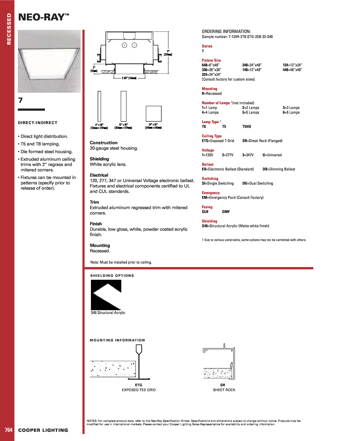 Cooper Lighting 7 specifications Neo-Ray, Construction, Shielding, Electrical, Trim, Finish, Mounting, Cooper Lighting 