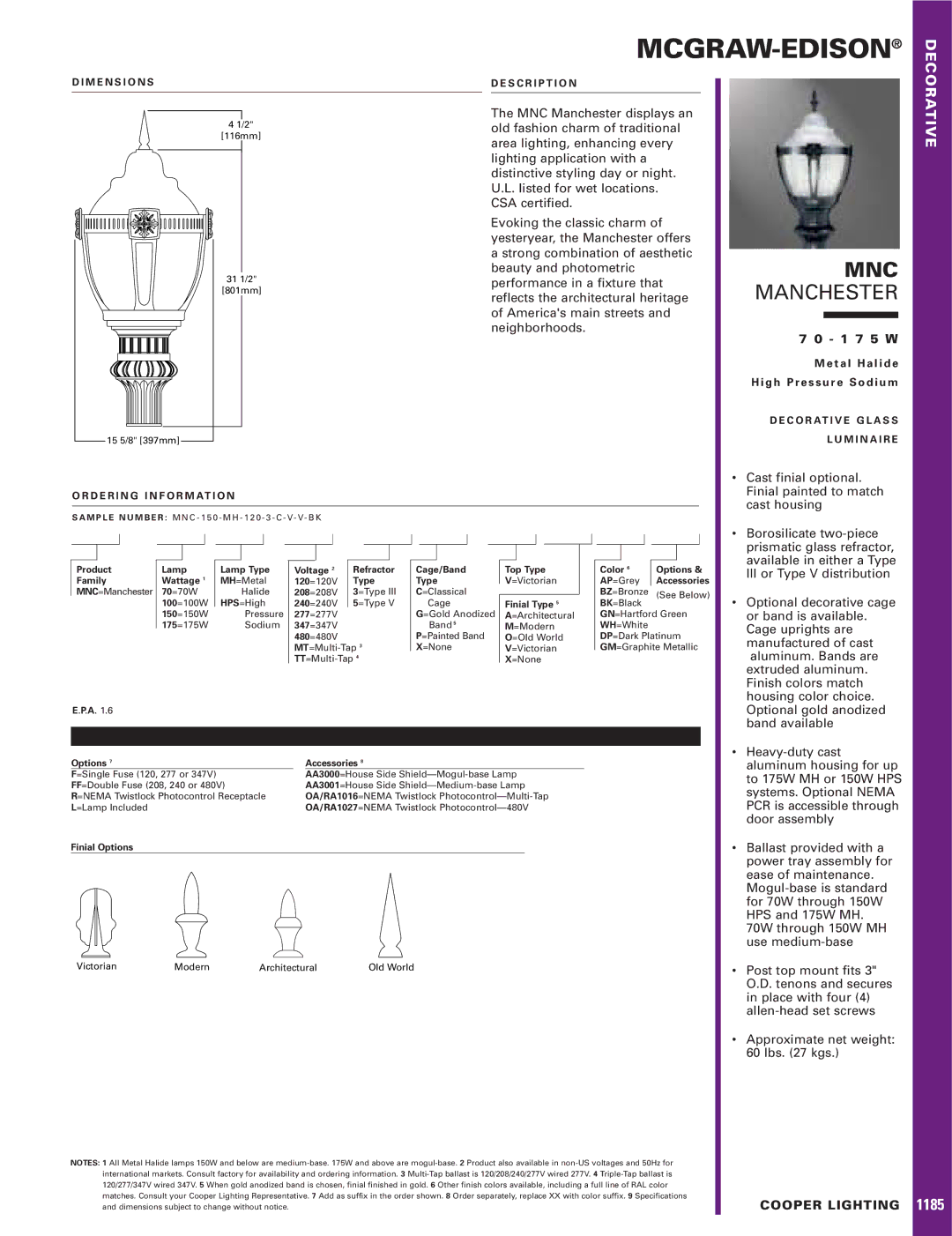 Cooper Lighting 70-175W dimensions Mcgraw-Edison, Mnc, Manchester, 1 7 5 W 