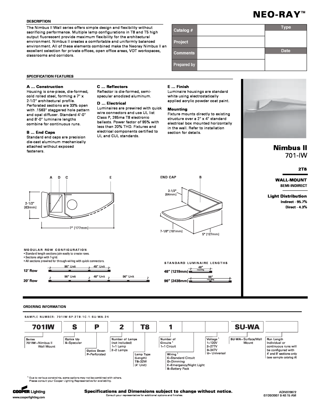 Cooper Lighting 701-IW specifications Wall-Mount, Light Distribution, Neo-Ray, Nimbus, 701IW, Su-Wa, Catalog #, Type, Date 