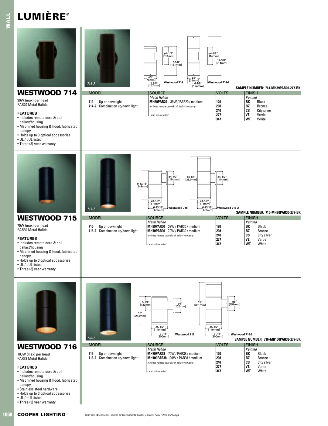 Cooper Lighting warranty Lumiere`, Westwood, Wall, Cooper Lighting, 714-2, Metal Halide, 715-2, 716-2 