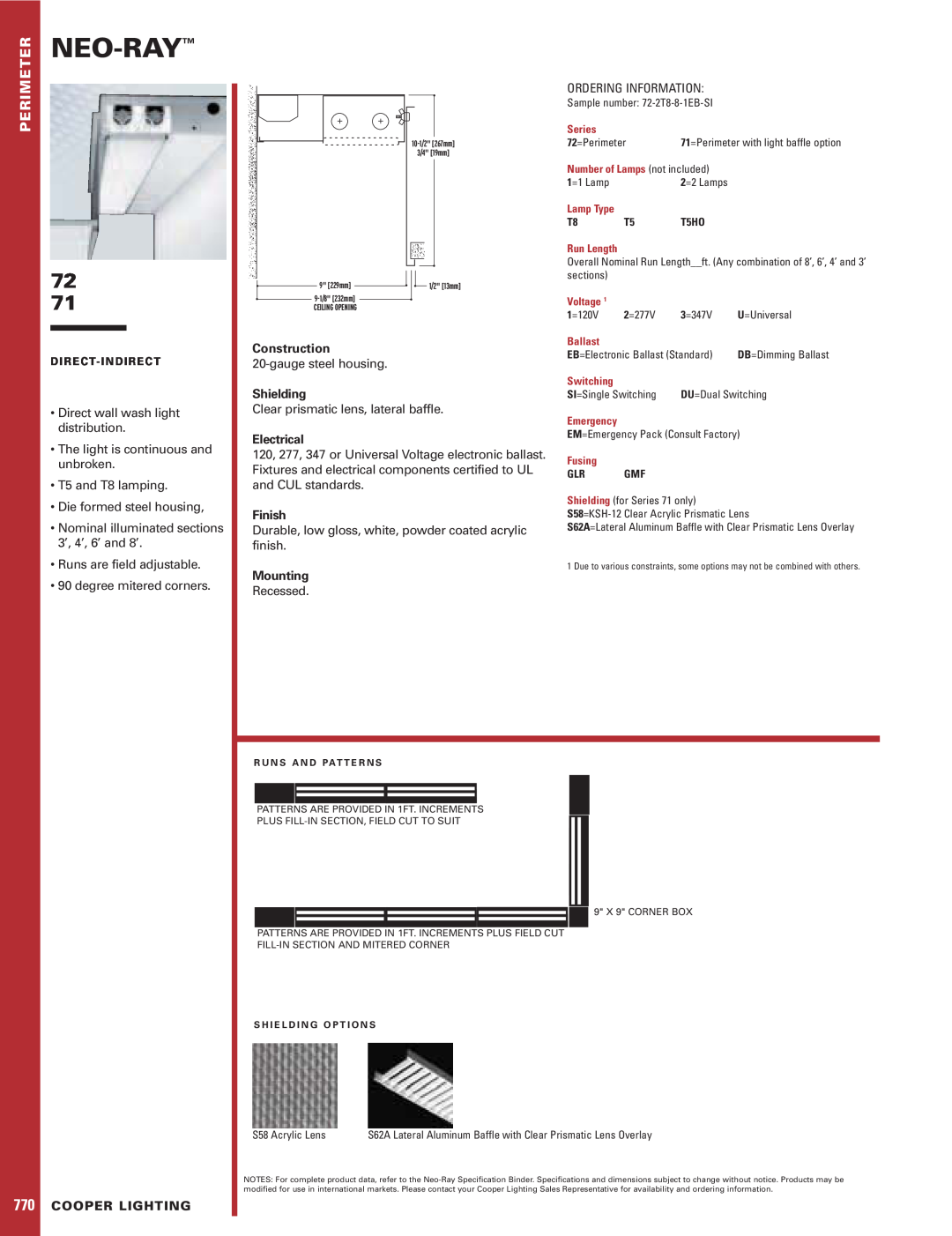 Cooper Lighting 71, 72 specifications Neo-Ray, Construction, Shielding, Electrical, Finish, Mounting, Cooper Lighting 