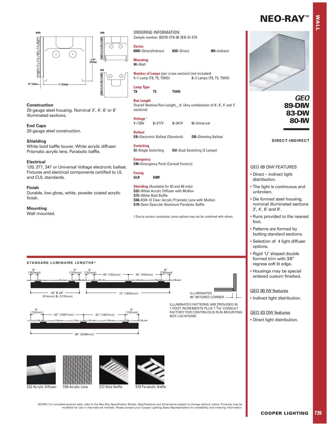 Cooper Lighting 739 specifications Construction, End Caps, Shielding, Electrical, Finish, Mounting 