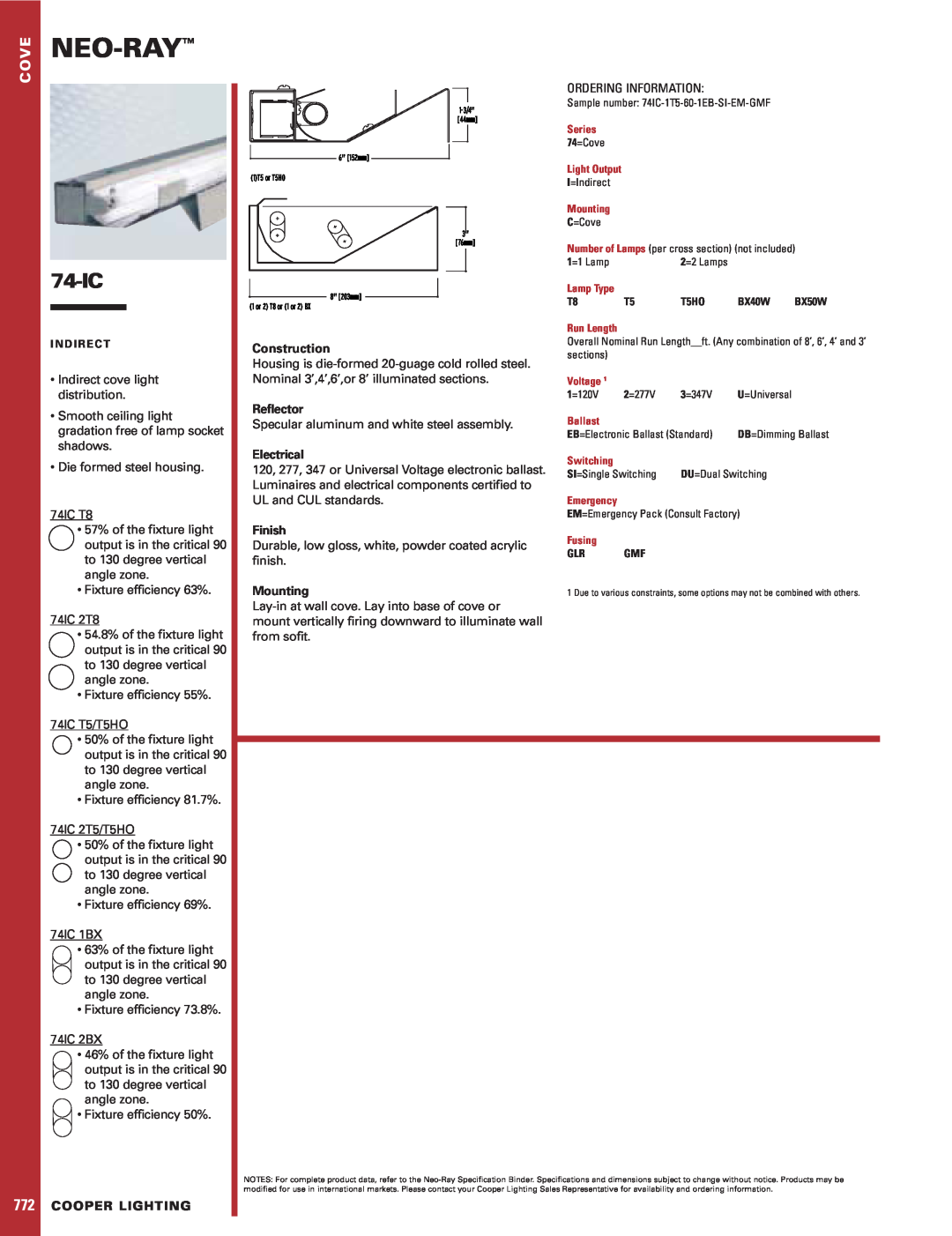 Cooper Lighting 74-IC specifications Neo-Ray, Cove, Construction, Reflector, Electrical, Finish, Mounting, Cooper Lighting 
