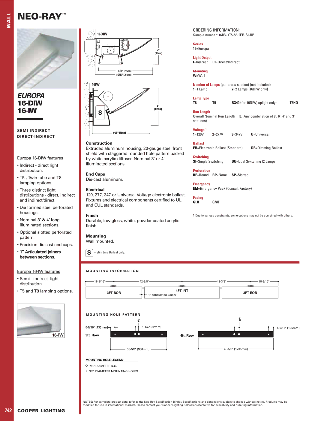Cooper Lighting 742 specifications Neo-Ray, Europa 16-DIW16-IW 