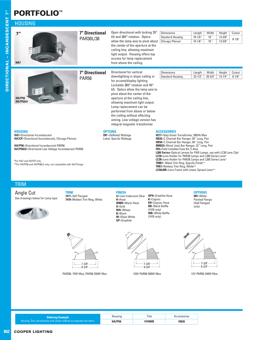 Cooper Lighting 7471, 7470, HA7P56LV, HA7CP dimensions Housing, Trim, PAR30L/38, Directional 