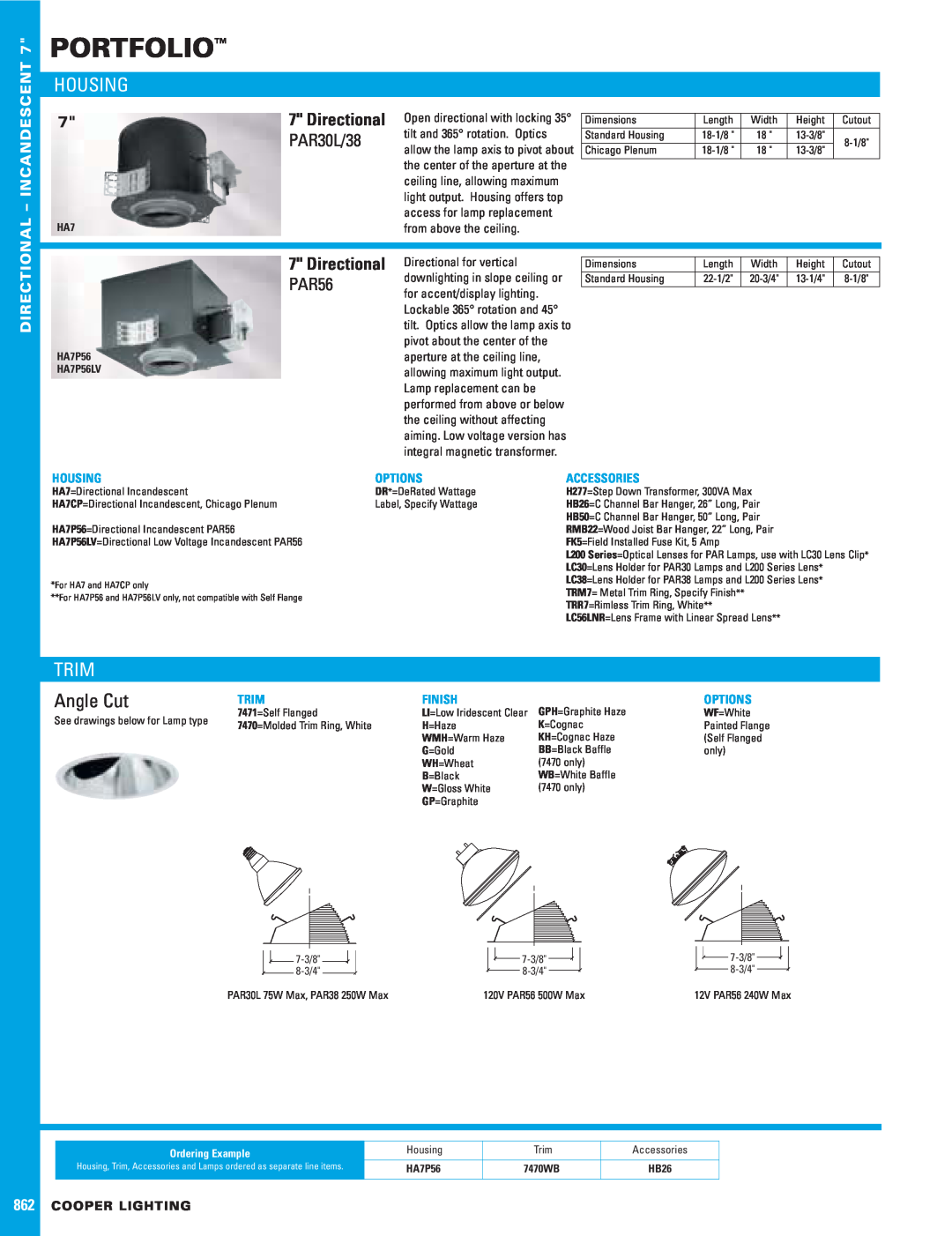 Cooper Lighting 7471 dimensions Portfolio, Housing, Trim, Angle Cut, PAR30L/38, Directional, PAR56, Incandescent, Options 