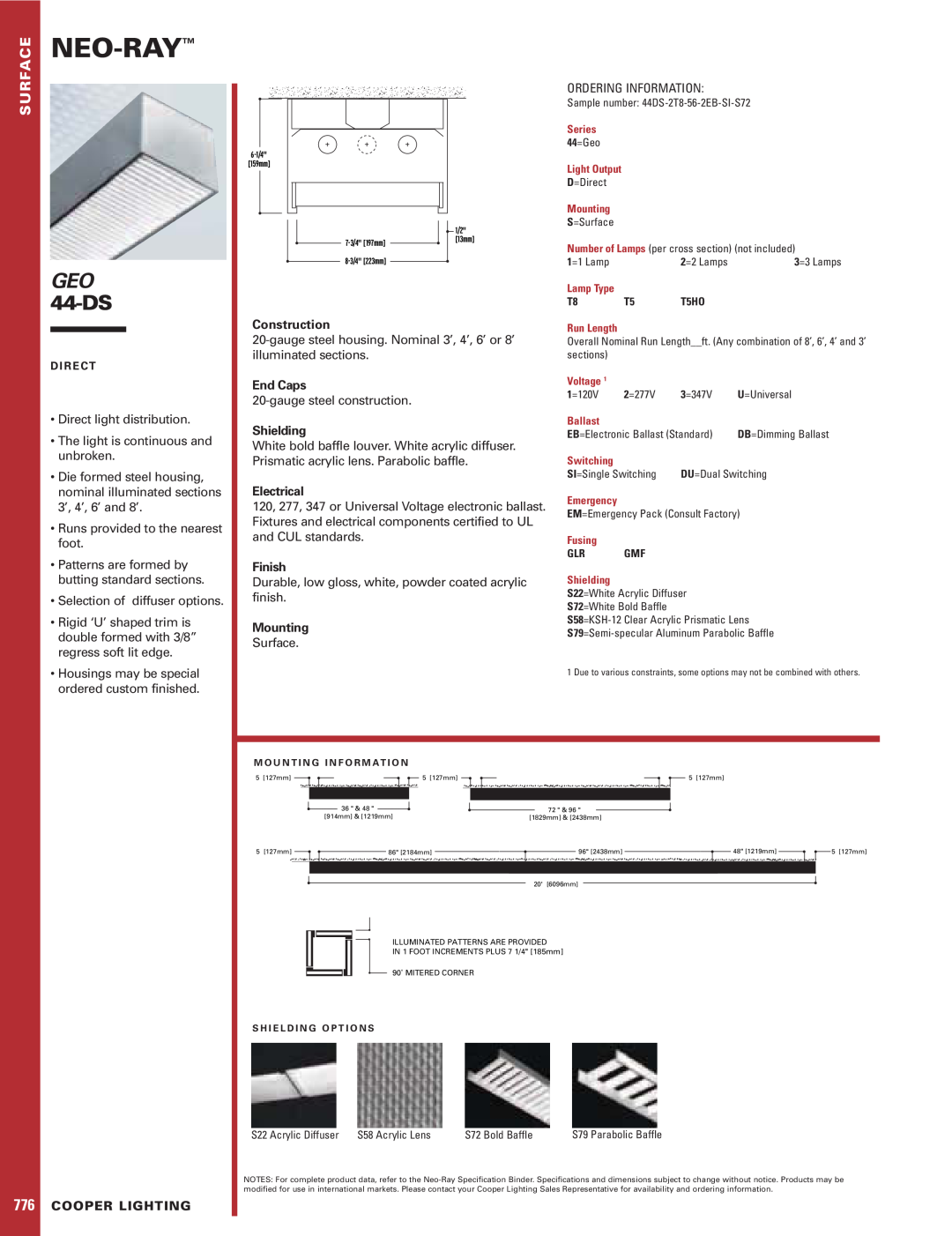Cooper Lighting specifications Neo-Ray, GEO 44-DS, Surface, Construction, End Caps, Shielding, Cooper Lighting, Finish 