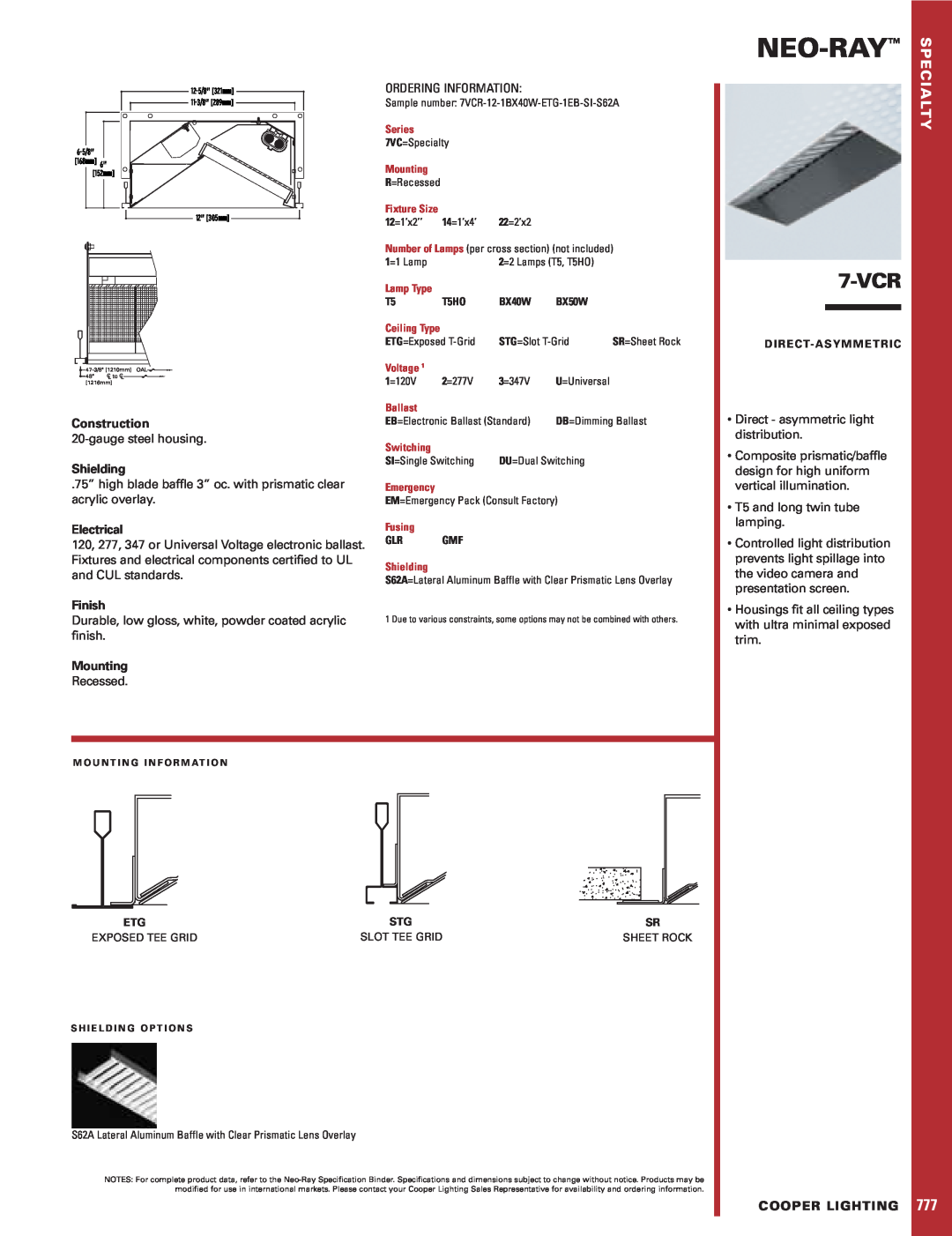 Cooper Lighting 7VCR specifications Neo-Ray, 7-VCR, Construction, Shielding, Electrical, Finish, Mounting, Cooper Lighting 