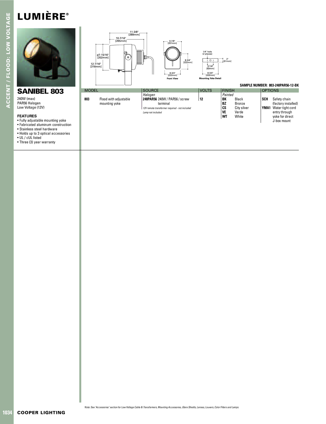 Cooper Lighting warranty Lumiere`, Sanibel, Features, Sample Number 803-240PAR56-12-BK 