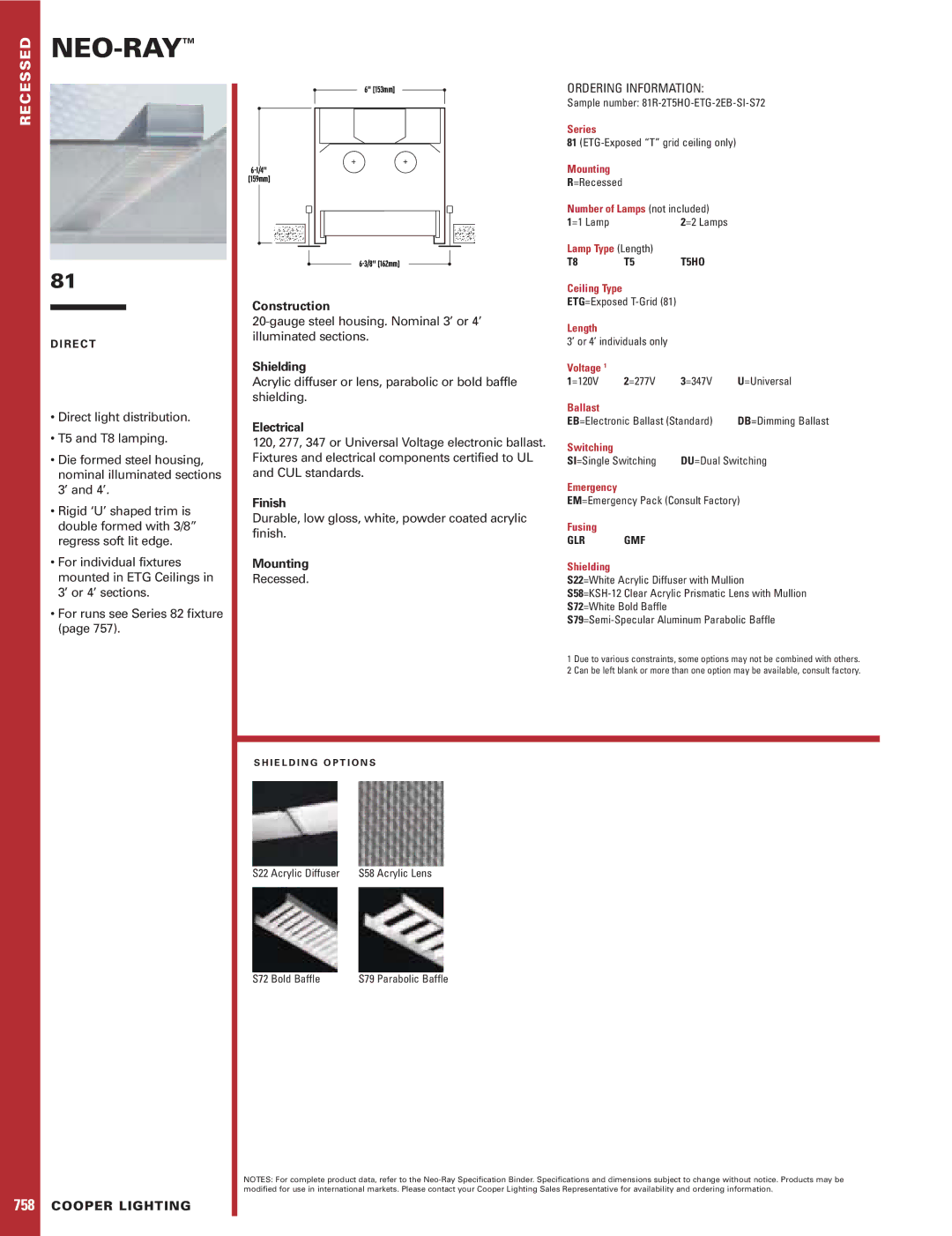 Cooper Lighting 758, 81 specifications Neo-Ray, Cooper Lighting 