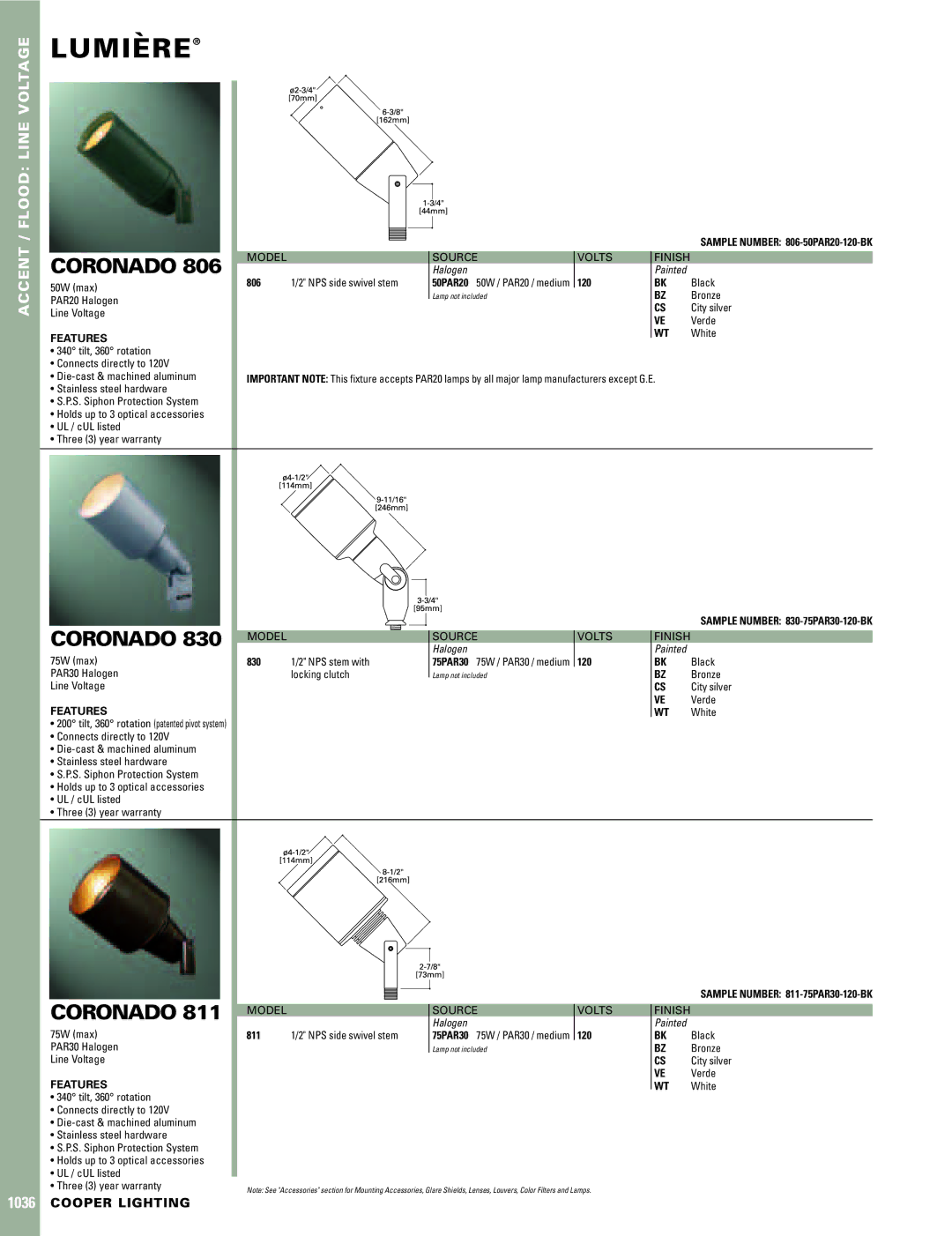 Cooper Lighting 830, 811, 806 warranty Lumiere`, Coronado, Features 