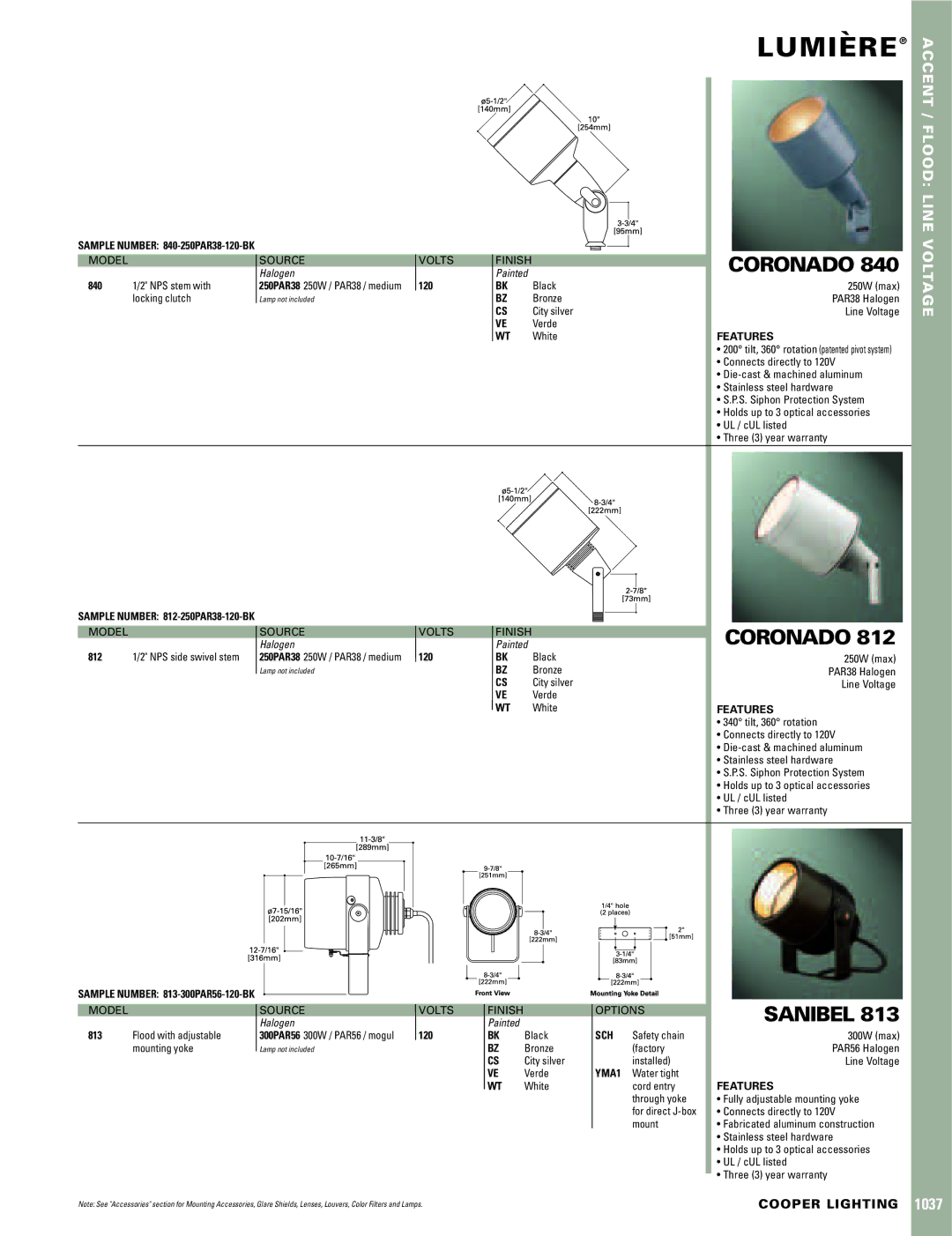 Cooper Lighting 840, 813, 812 warranty Lumiere`, Coronado, Sanibel 